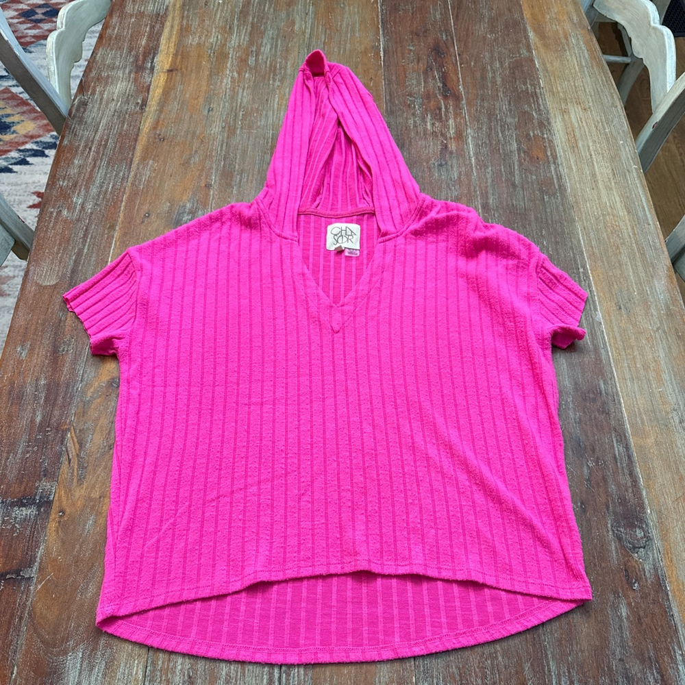 CHASER Hot Pink Ribbed Short Sleeve Hoodie Small Womens